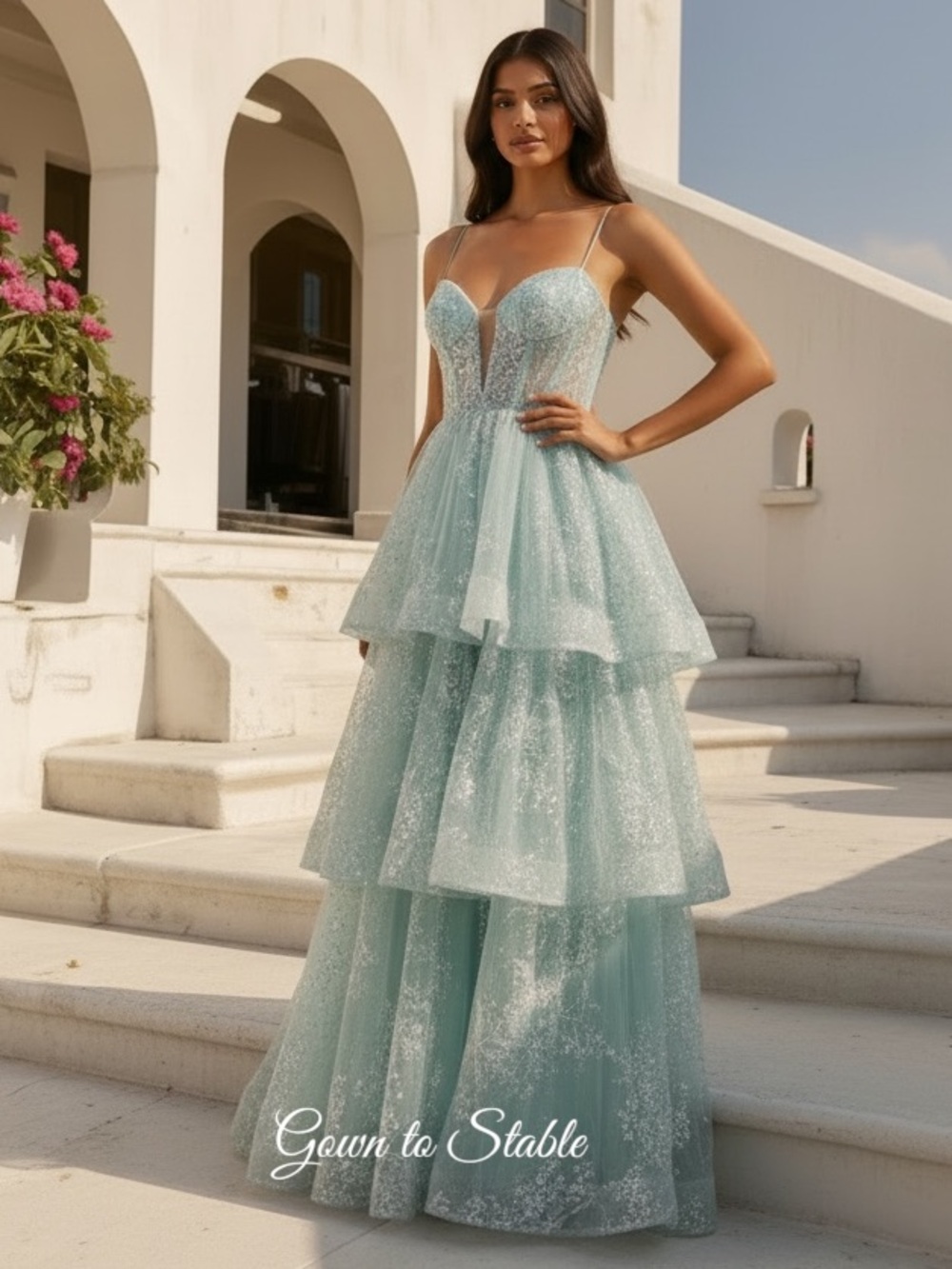 Mac Duggal 68723 Spaghetti Strap Applique Tiered Ruffle Gown in Mint